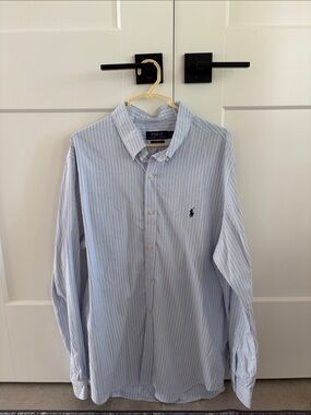 Polo by Ralph Lauren Sky Blue Thin Navy Pinstripe Button-Down Shirt